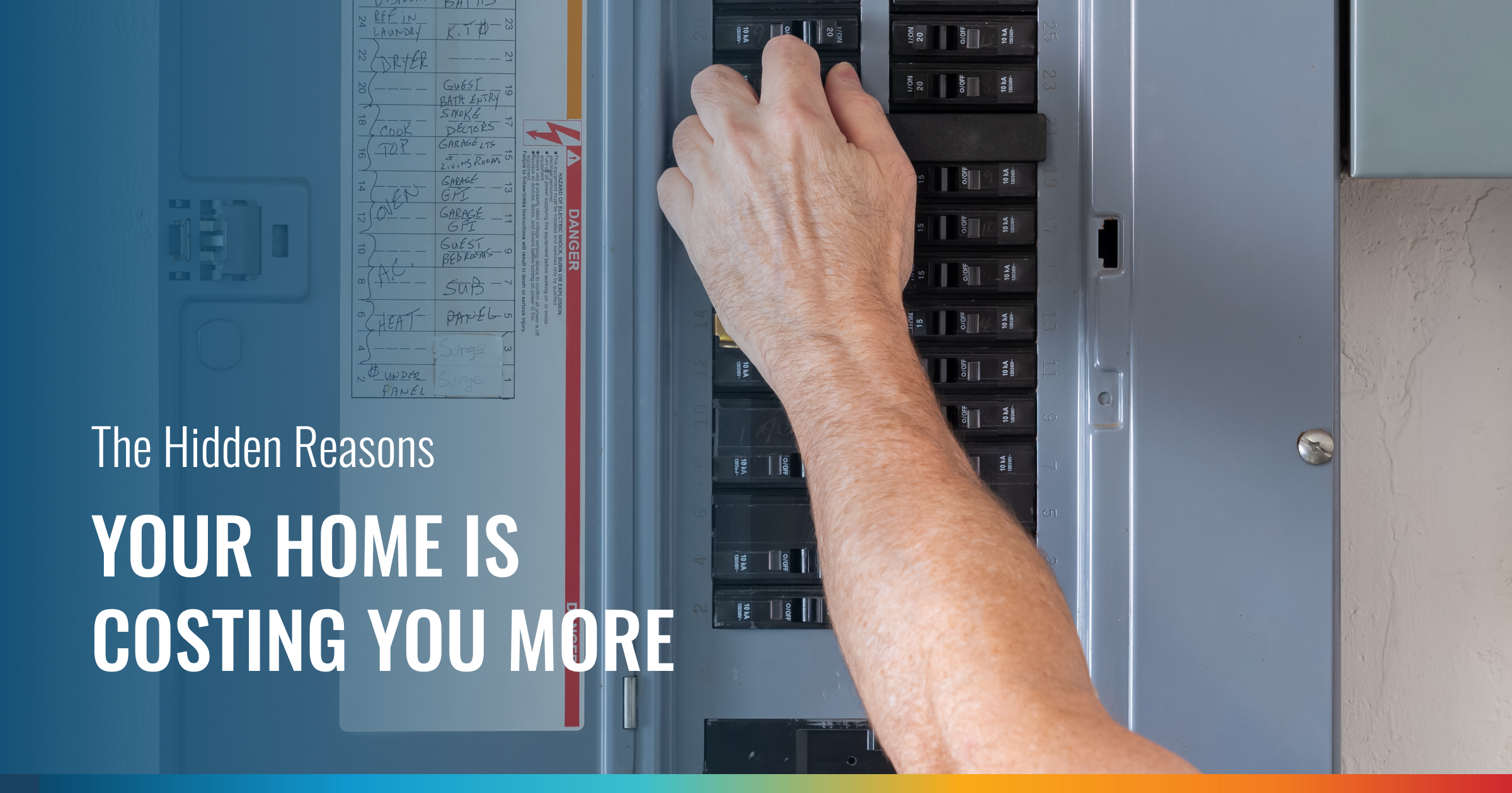 A hand flips a switch on an open electrical circuit breaker panel. The text reads: "The Hidden Reasons YOUR HOME IS COSTING YOU MORE".